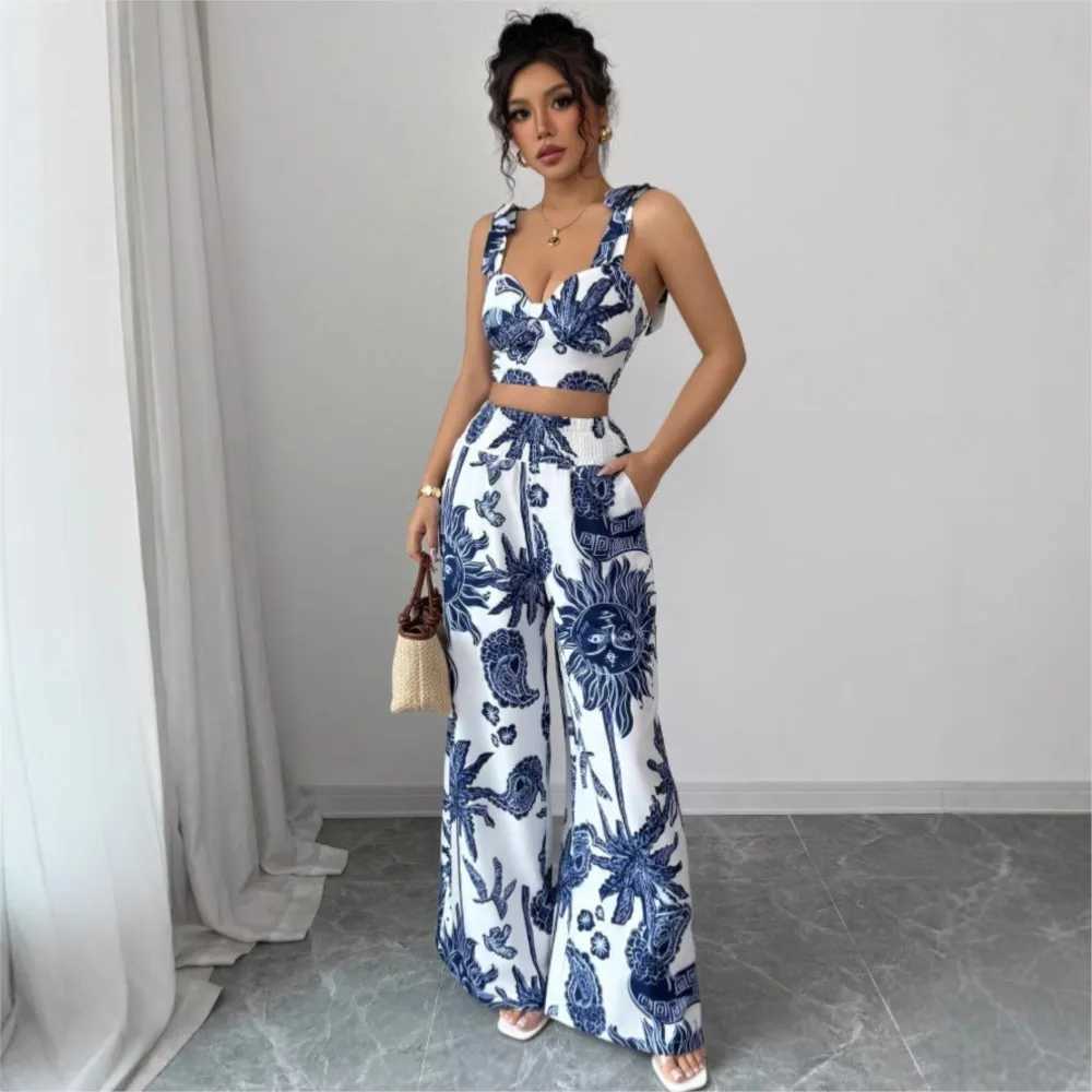 Sexy Strapback Halter Tops Long Pants Female 2-piece Set Summer Fashion Printed Wide-leg Pocket Trousers Elegant Womens Suit M260313