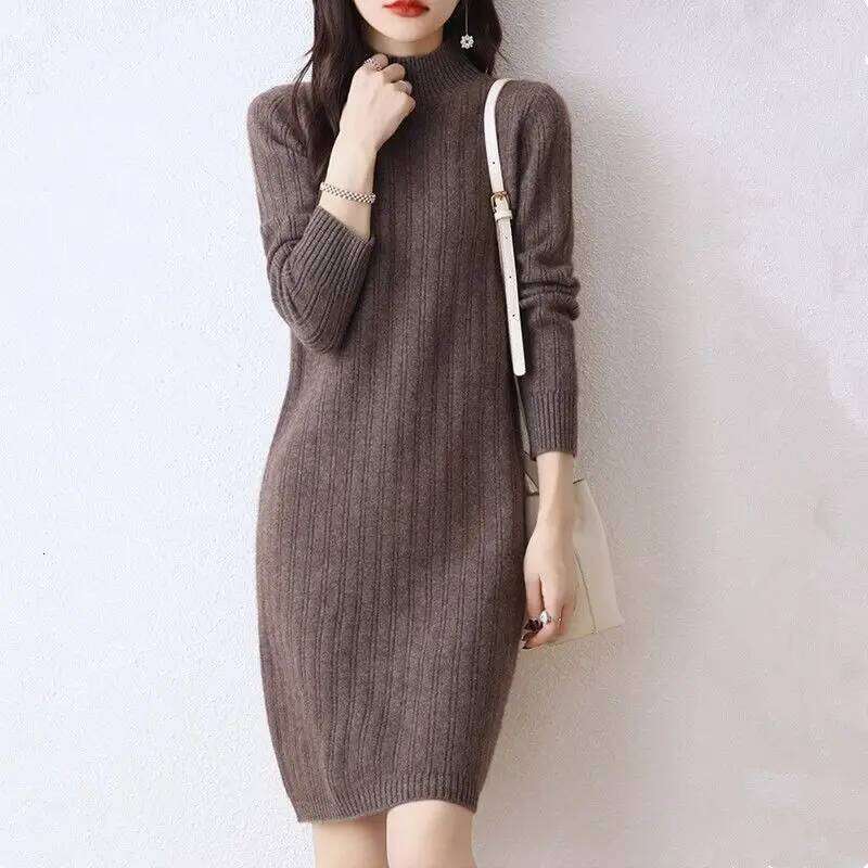 Autumn Winter New Women Solid Half High Collar Temperamen Fashion Long Sleeve Mid-length Straight Loose Knittd Dresses Z260313