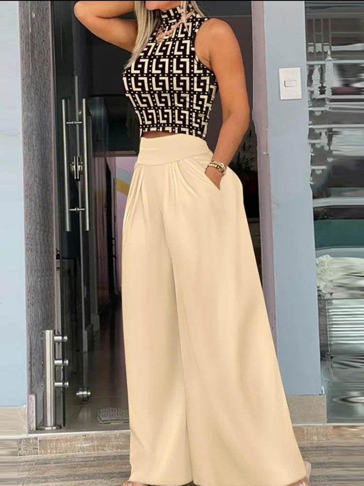2026 Summer Fashion Printing Two Piece Set Women Casual Solid Sleeveless Tank Top Wide Leg Pants Two Piece Set Women 260309