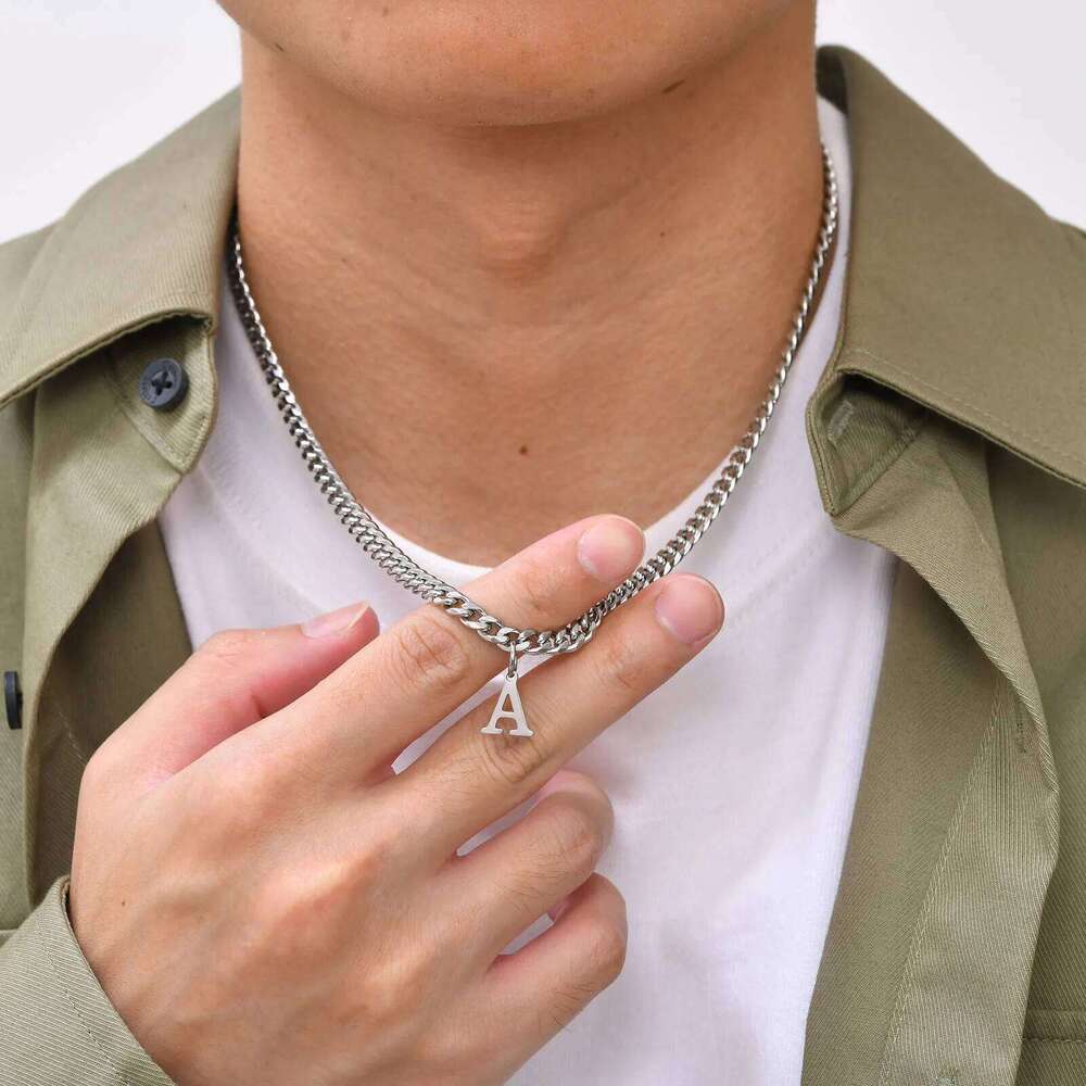 Vnox Simple A-Z Letter Necklace Men Women, Waterproof Stainless Steel Cuban Chain Necklace, Jewelry Gift for Him H260312