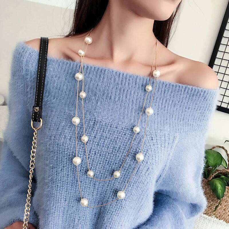 FSUNION 2025 New Long Double Layer Simulated Pearl Necklace Women Sweater Chain Female Collares Statement Jewlery Gifts H260312