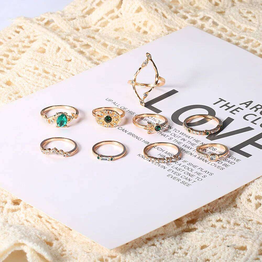 Fashion Green Crystal Knuckle Finger Rings Set For Women Geometric Female Wedding Ring Trendy Jewelry H260312