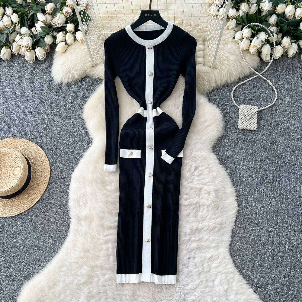 REALEFT Autumn Winter Vintage Patchwork Single Breasted Women's Knitted Dress High Waist O-neck Long Sleeve Sweater Dresses Z260313