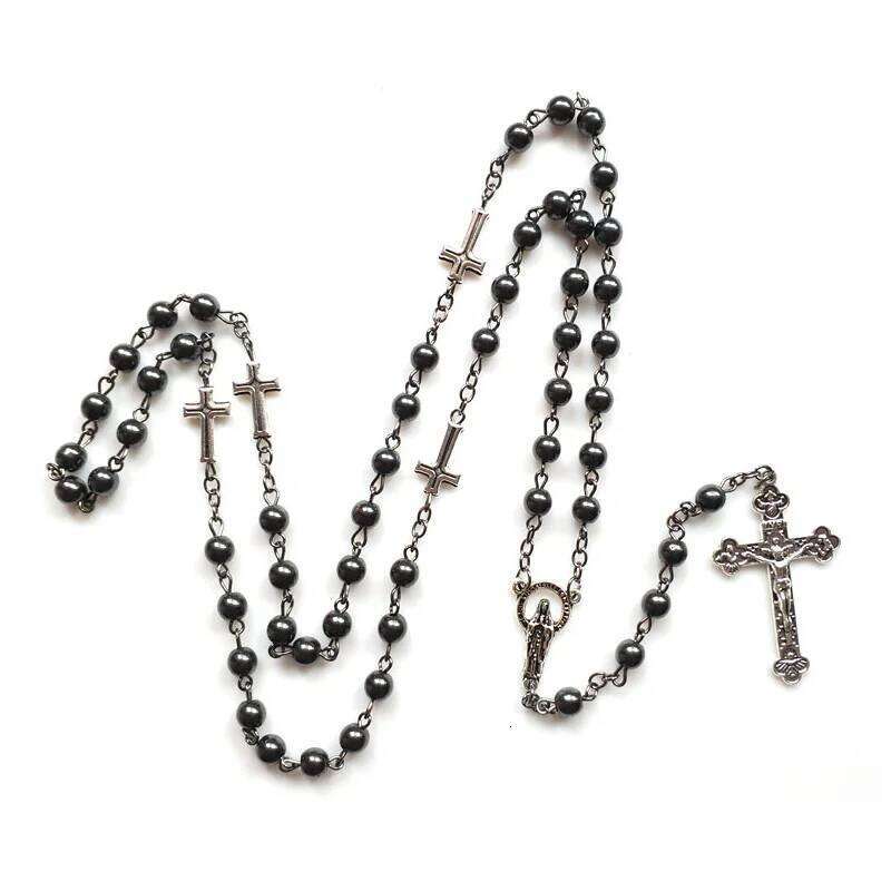 QIGO Vintage Hematite Rosary Catholic Long Jesus Cross Virgin Necklace Pendant For Men Women Religious Jewelry H260312