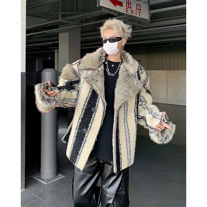 Reversible Striped Faux Fur Jacket,Fur Collar Padded Mans Coat, Y2k Winter Clothes Z260313