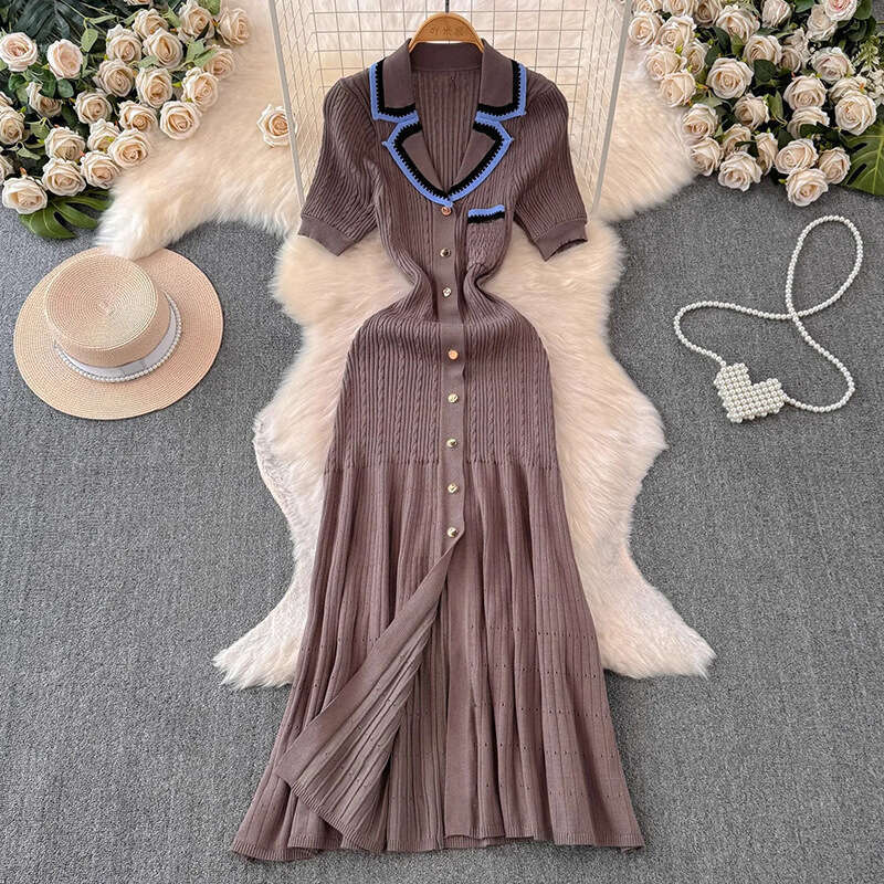 2026 designer European and American women's knitted short a24 sleeved dress with slit and long skirt for elegant commuting
