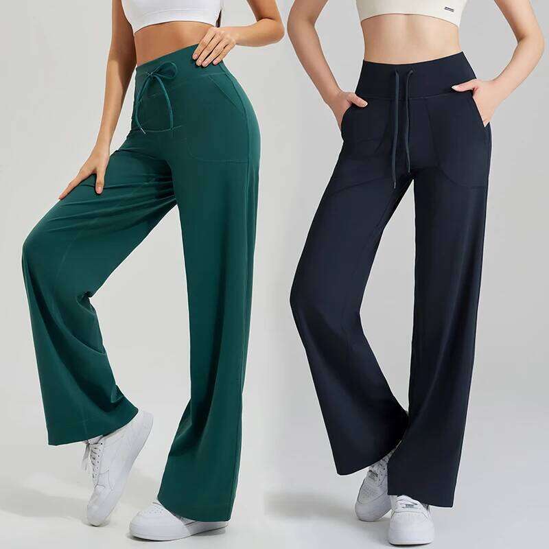 Women's High Waist Gym Loose Running Yoga Double Side Brushed with Pockets Pants Ties 26Y0313