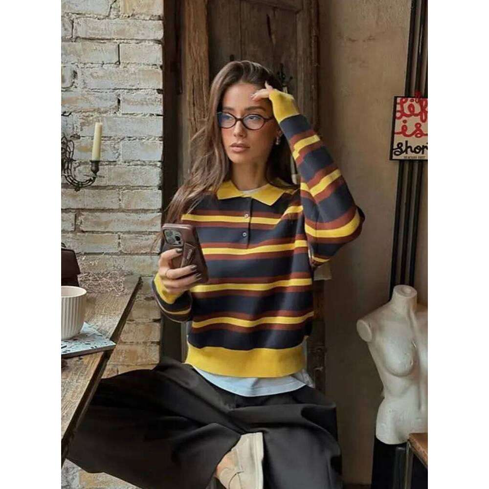 HH Women Trend Casual Striped Knitted Pullover Lapel Long Sleeve Sweater Shirt Spring Fashion High Street Lady Chic Tops Z260314