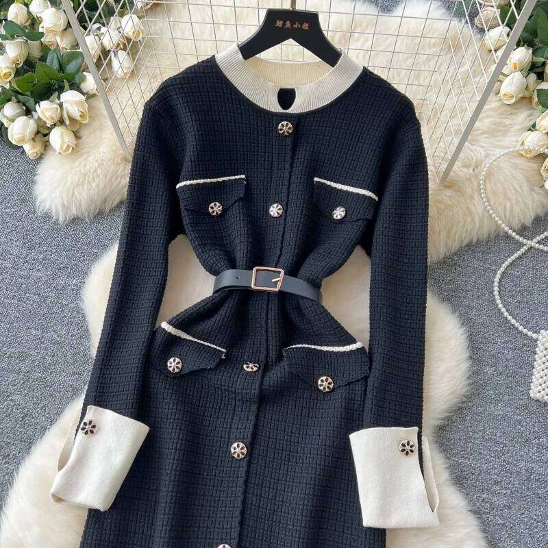 Elegant Knitted Slim Fit Autumn Clothing Women Full Sleeve Split Midi Dresses OL Style Pullovers Sweater Dress Robe Femmes Z260313
