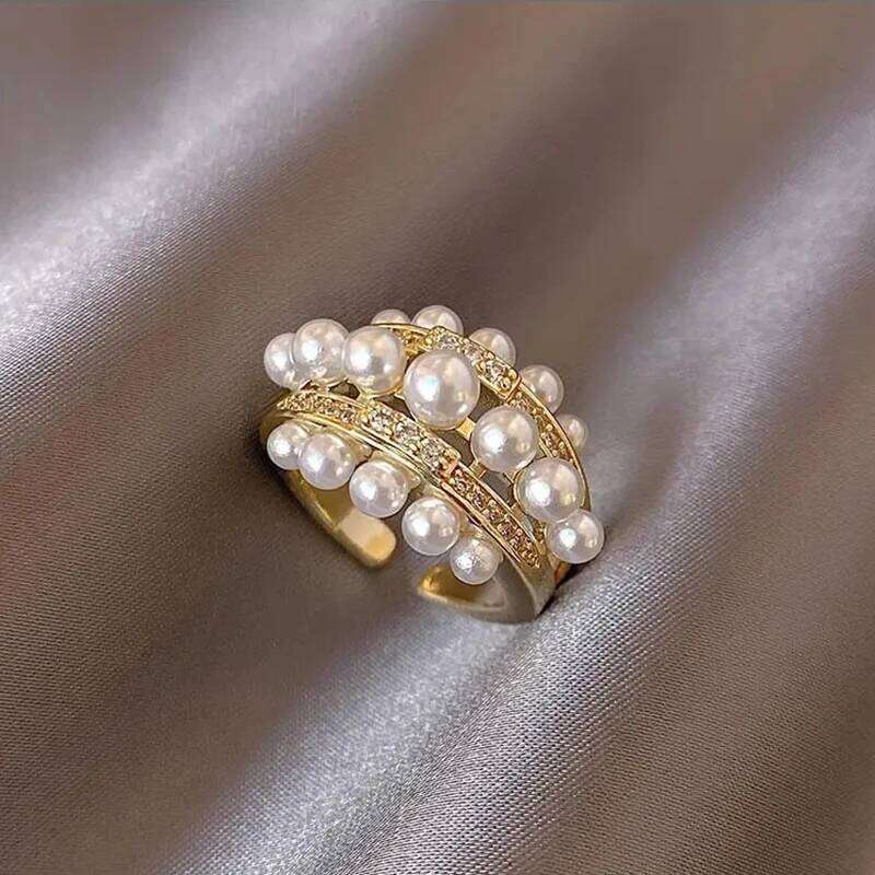 2025 New Exquisite Pearl Zircon Gold Color Open Rings Wedding Party Women's Fashion Jewelry Finger Accessories for Girls H260312