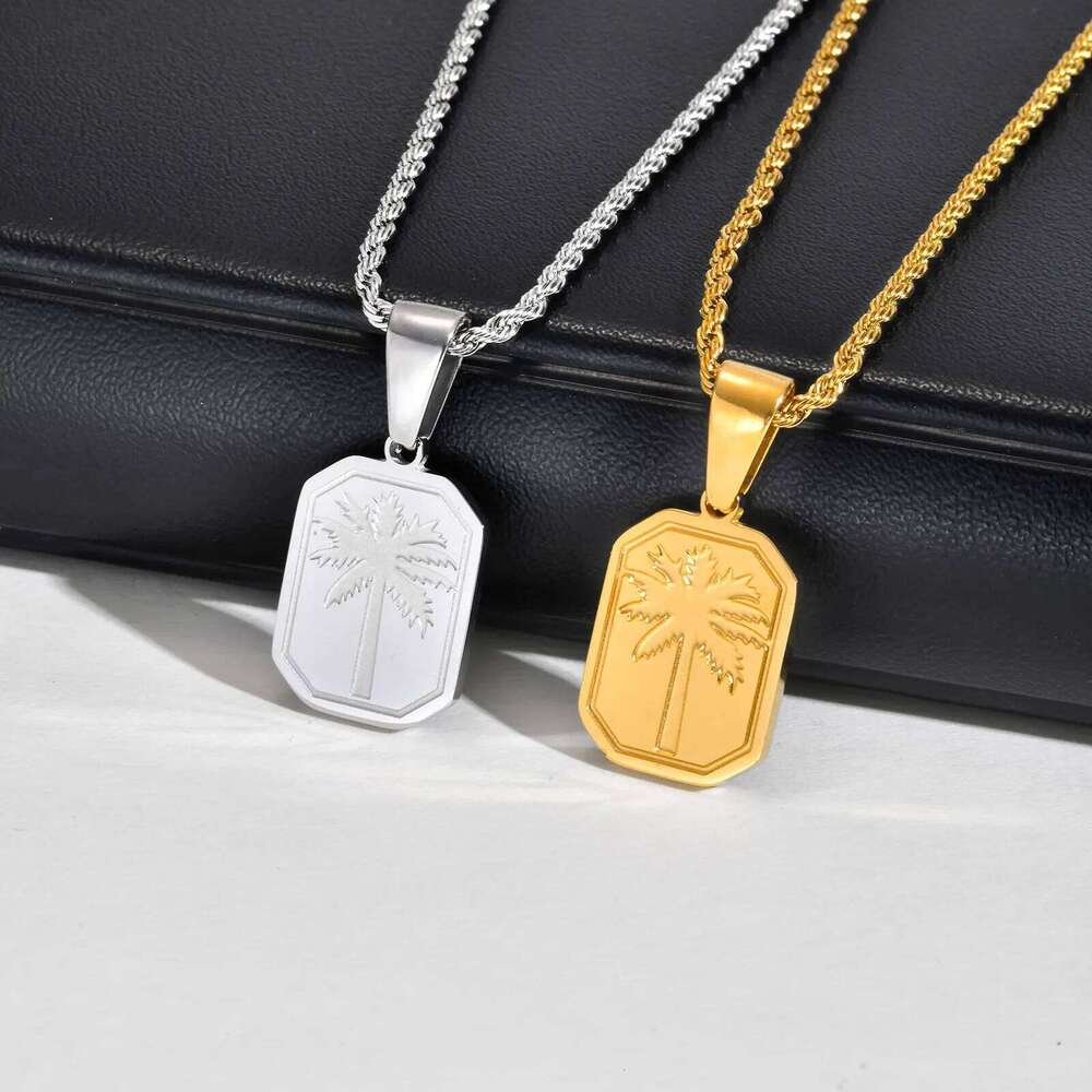Hawaiian Tree Necklaces for Men,Stainless Steel Palm Trees Square Pendant Necklaces.Chic Stylish Jewelry Gift H260312