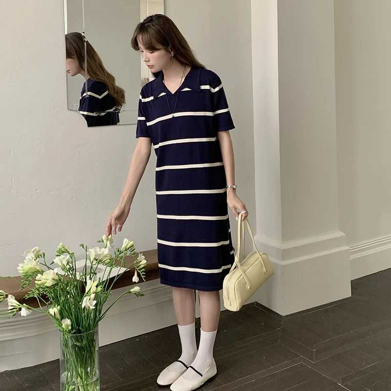 Spring Summer Women Dresses Polo Shirts Women Cotton Clothing Short Sleeve Striped Casual Long Dress for WomenT260314