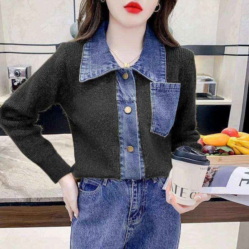 2025 Spring Autumn New Single breasted Knitted Coat Women's Design Sense Cowboy Splicing Cardigan Outwear Lady Casual Top Z260313