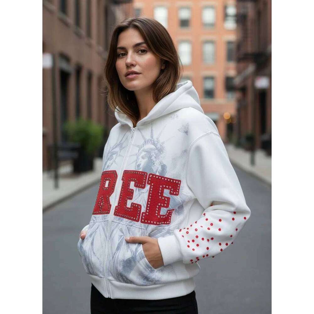 Fashionable rhinestone style loose sweatshirt, American-style embroidered casual hooded shirt Z260314