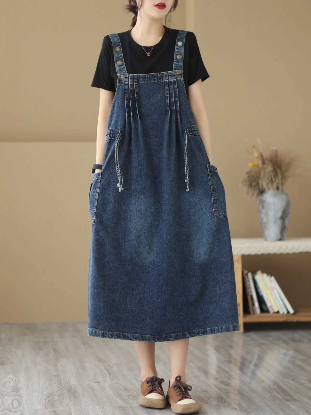Retro Blue Denim ter Dr Womens Summer Dstring Waist Cinching Slimming Strap Dr Ele Lady Sle A-Line Midi DrT260314