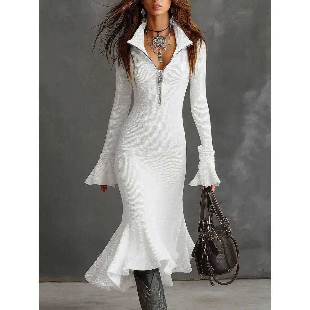European American New Fashion Women's Slim Solid Color Casual Trendy Daily Turn-down Collar Long Sleeve Knitted Trumpet Dress Z260313