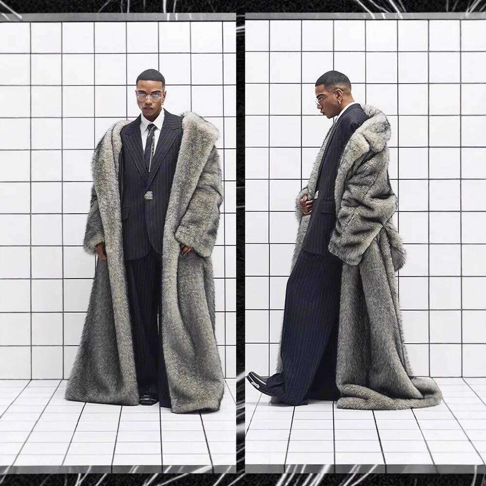 Men Faux Fur Jacket Long Coat Full Length Thick Fluffy Warm Shaggy Outerwear Business Turn Down Collar 2025 Winter Overcoat Z260313