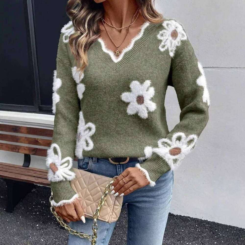 Women Invierno Herbst Mode New Autumn Sweaters V-neck Jacquard Long-sleeved Versatile Knitted Pullover Sweater Maglione Da Donna Z260314