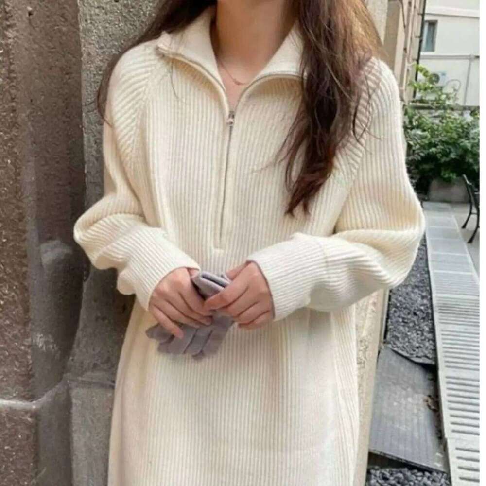 Lazy style over-the-knee mid-length lapel loose knit women autumn winter inner wear base layer knitted dress Z260313