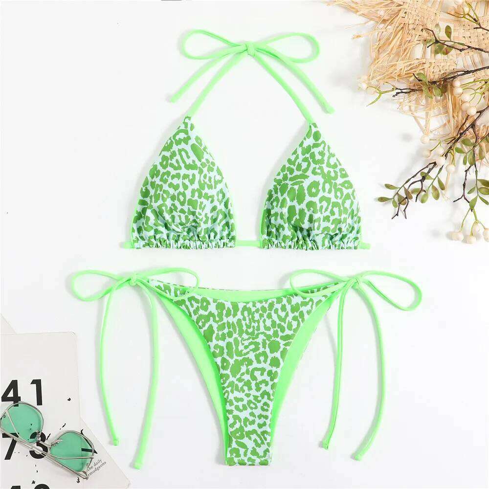 Pink Leopard Print Triangle Bikinis Sets Sexy Swimsuit 2025 Micro Thong Swimwear Bathing Suit String Halter Bikini Mujer Biquini Y260303