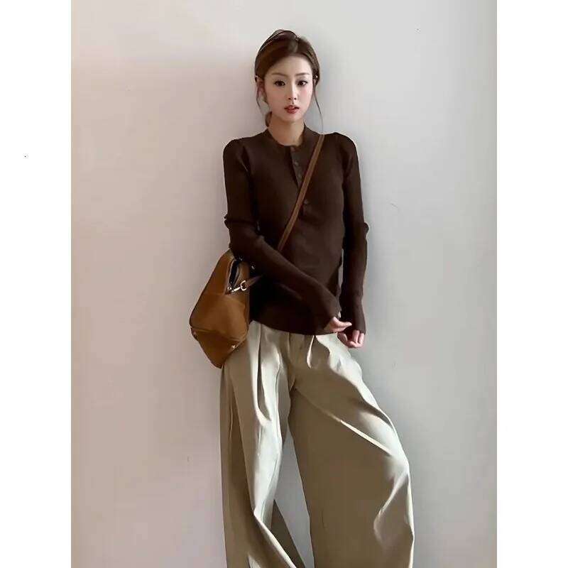 Autumn and Winter Pullover Long-sleeved Round Neck Buttoned Sweater Women's Slim Fit Bottoming Shirt Top Z260313