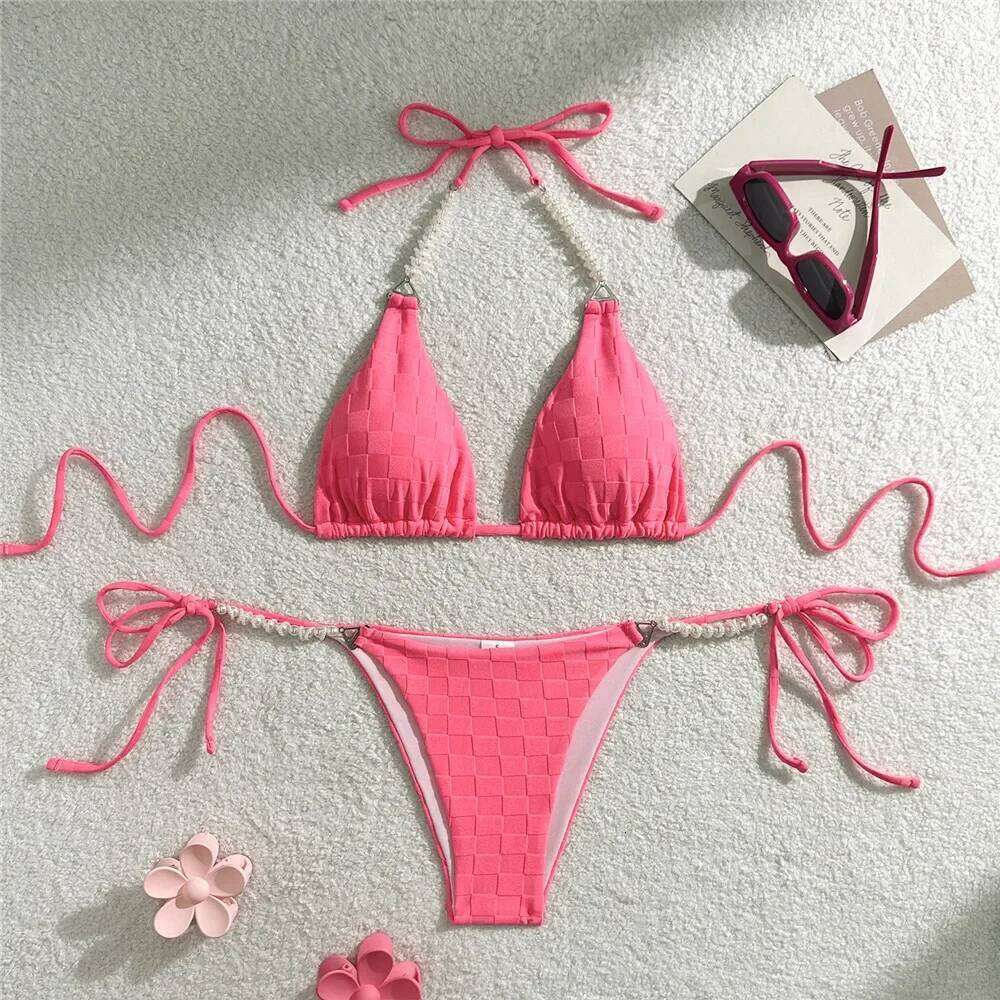 Light Purple Swimwear Pearl String Halter Micro Bikini Thong 2025 Sexy Swimsuit Women Bathing Suit Triangle Bikinis Sets Mujer Y260303