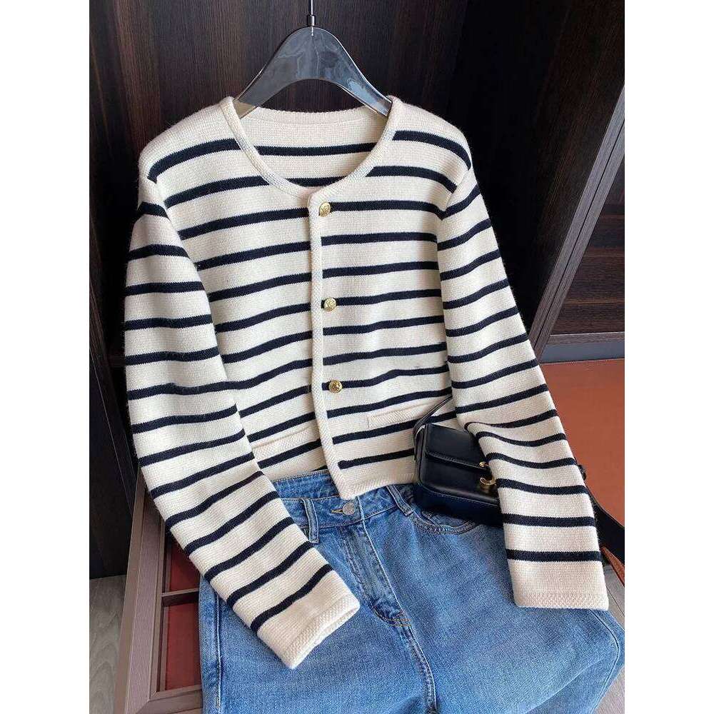 Stripe Knitted Cardigan Women Spring Autumn O-neck Single Breasted Long Sleeve Crop Tops Fashion Casual Chic Female Sweaters Z260313
