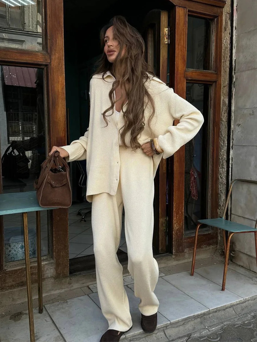 Bornladies Autumn Winter Knit Cardigan Pants Set Loose Two Piece Casual Sweater Suit Women Thick Warm Soft Knitted Outfit 260309