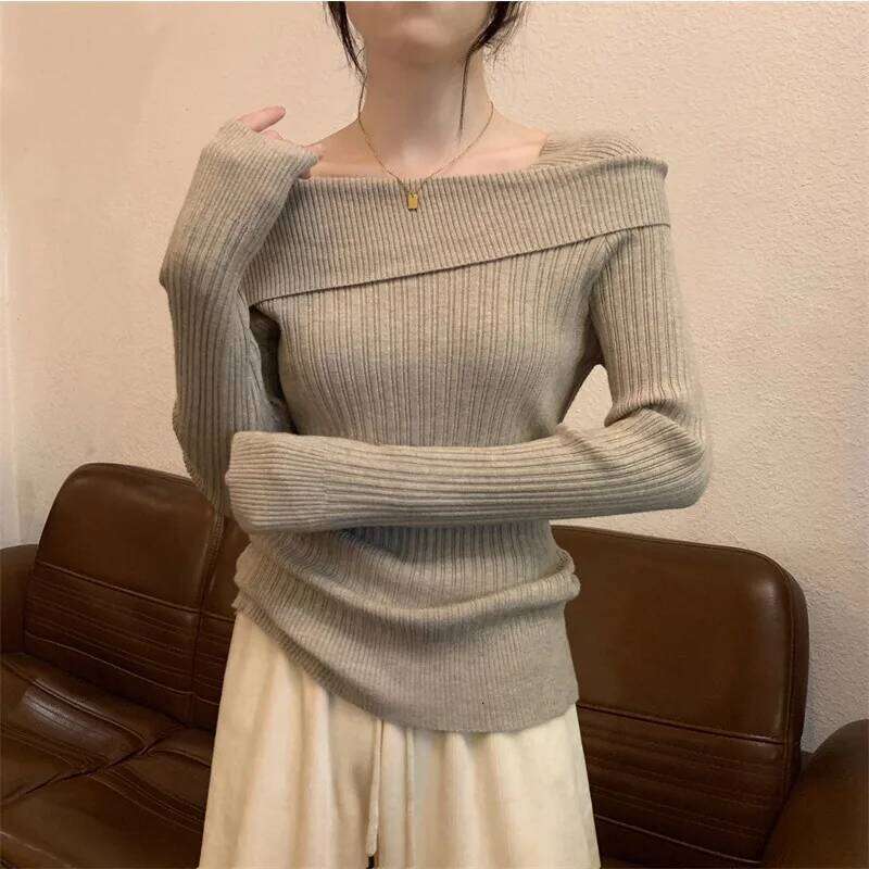 Solid Sexy Slim Off Shoulder Slash Neck Long Sleeve Knitting Sweater Women Jumpers Office Fashion New Z260313