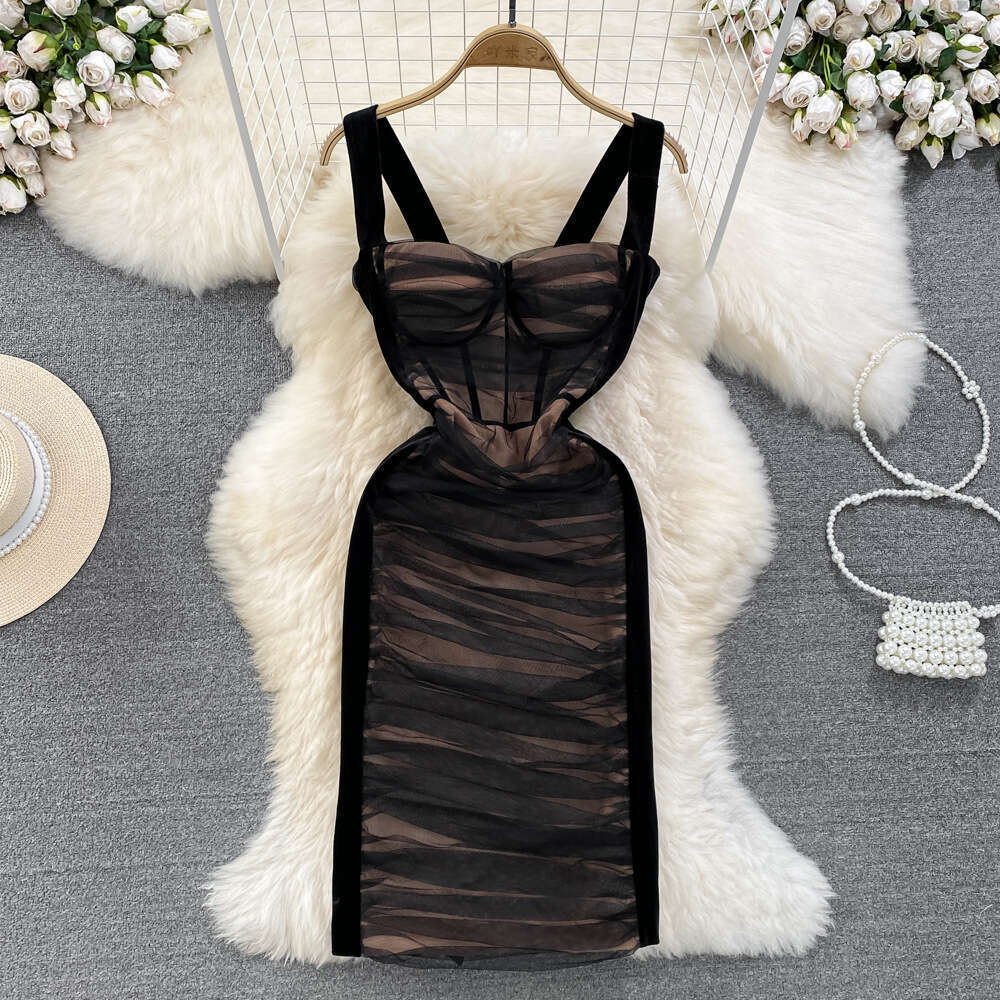 Cross-border hot girl style strapless dress, summer fashion mesh pleated elastic slim-fit bodycon dress