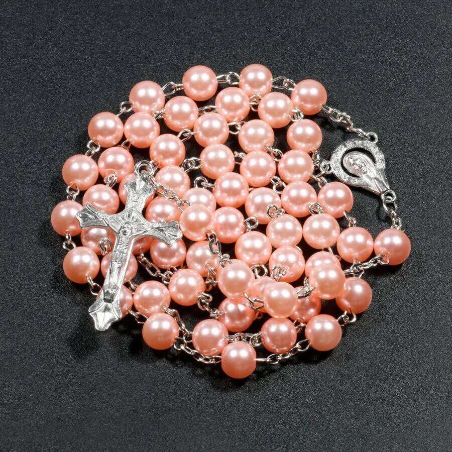 Religion Christian Faux pearl Rosary necklace For Women Virgin Mary Jesus Cross pendant Long beads chains Fashion Jewelry H260312