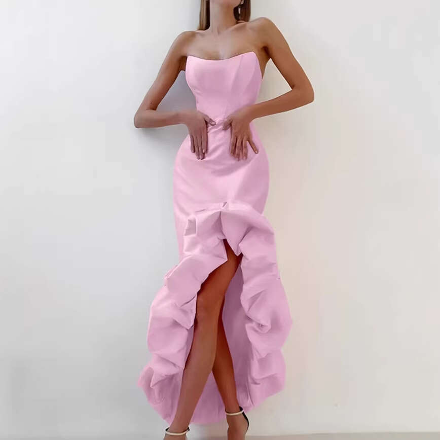 French Satin Strap For Women Spring High End Asymmetric Puffy Midi Dress MAKOUFEI
