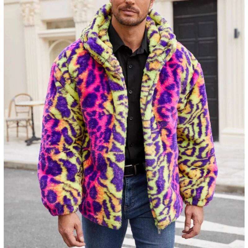Men's Clothing Faux Fur Coat Bestseller for with Plush Color Contrast Warm Thick Leopard Print Jacket Z260313