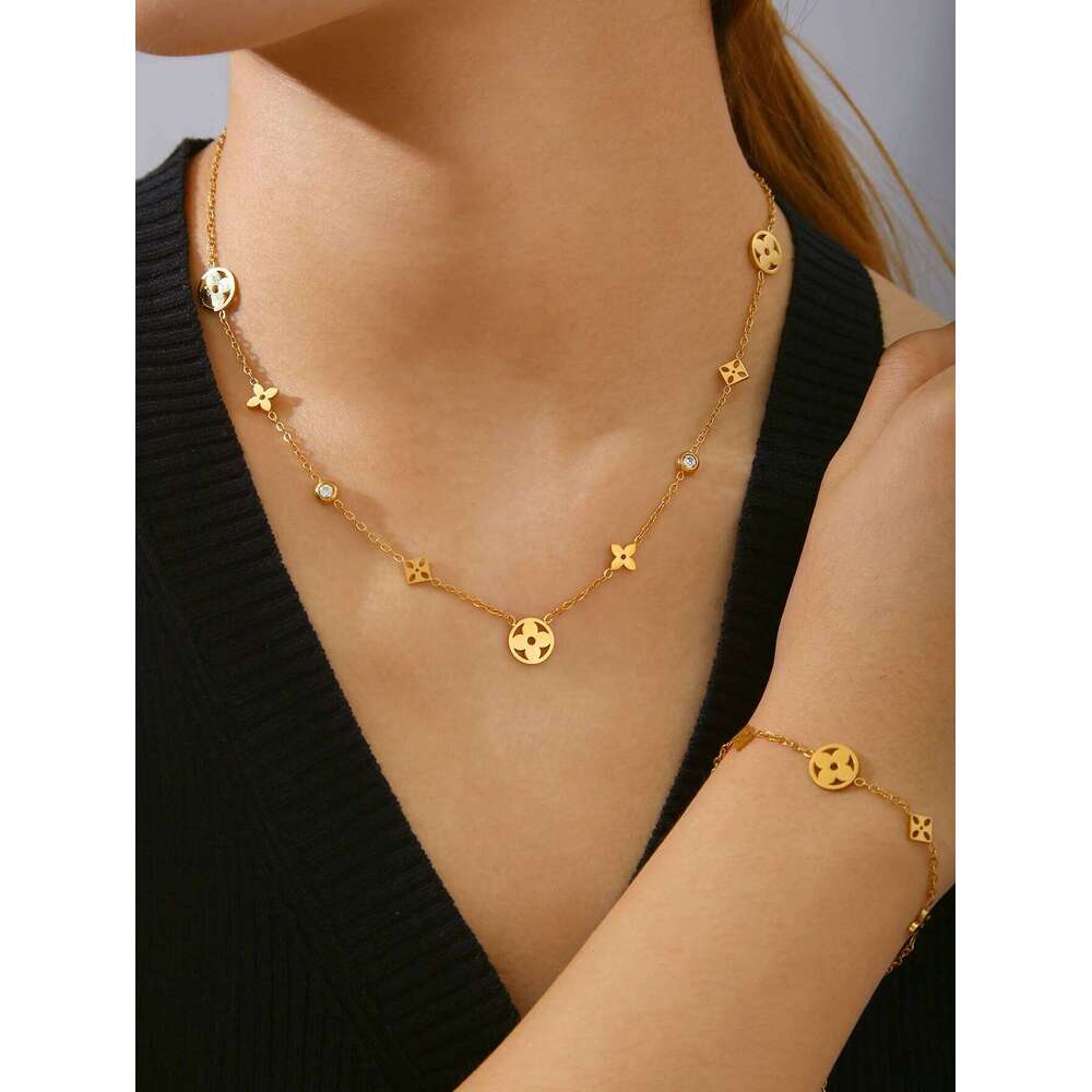 Old Money Style Temperament Personality Charm Stainless Steel 18K Gold-Plated Diamond Cr Jewelry Set Female H260312