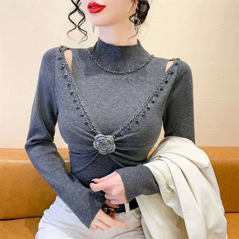2025 New European Clothes Knitted Sweater Women Chic Sexy Hollow Out Beading Flower Knitwear Long Sleeve Pullovers Z260313