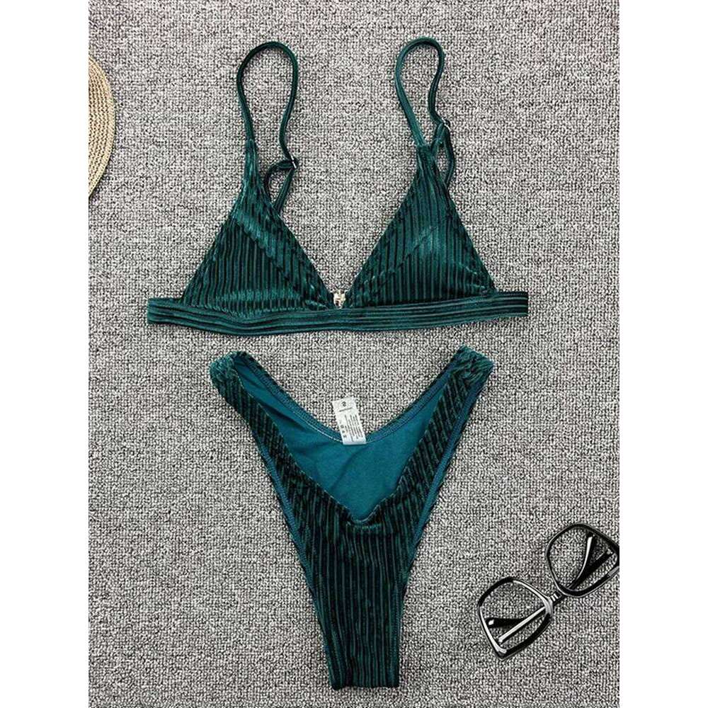 Ribbed Metallic Velvet Women Swimsuit Female Thong Swimwear Two Pieces Bikini Set High Cut Bathing Suit Swim Beachwear Y260303