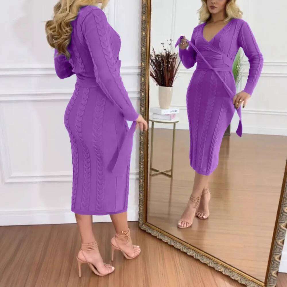Women Cable Textured Overlap Deep V-Neck Long Sleeve Mid-Length Tie Waist Slim Fit Knit Dress Z260314