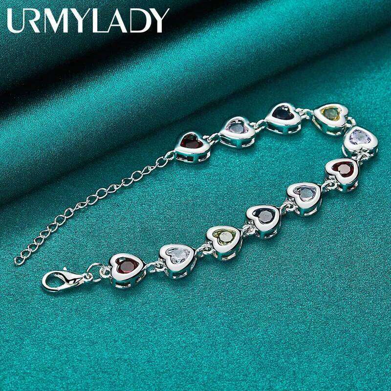 URMYLADY 925 Sterling Silver Heart inlaid With Multi-color AAA Zircon Chain Bracelet For Woman Wedding Engagement Party Jewelry Z260313