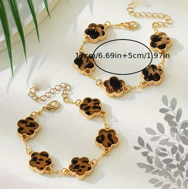 Women Jewelry Bracelets Charm Bracelets Bohemian Style Leopard Print Five-Leaf Clover Stainless Steel Fashion Charm Women Bracelet