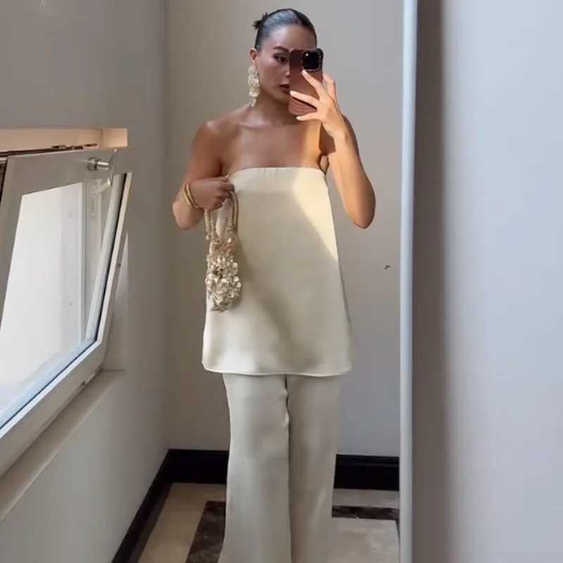 HXAO Satin Pant Sets Womens Two Pieces Set Strapless Off Shoulder Tube Vest 2 Piece Sets Woman Outfit High Waist Trousers Sets M260313