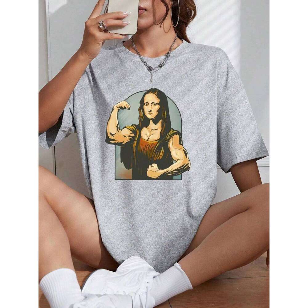 Playing Pranks On Mona Lisa Fitness Print Womens T Shirt Oversized T-Shirt Casual Short Sleeve Cotton Loose Tshirt Z260314