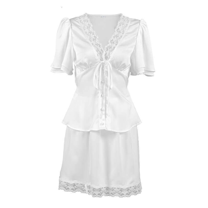 European And American Women S Fashion Set New Spring Summer Cross Border Style Satin Imitation Silk Lace Patchwork Waist Cinching Short Sleeve Skirt M