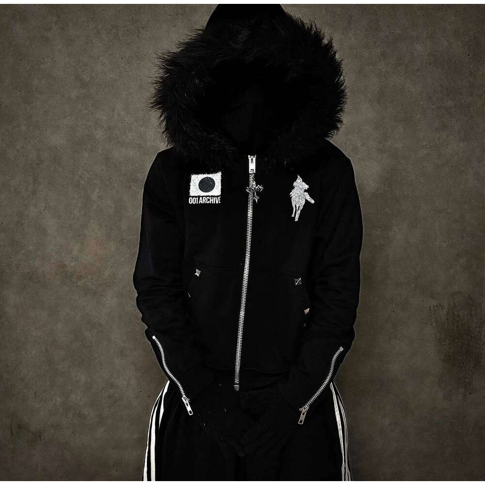 American Retro Rock Gothic Graphic Fur Collar Loose Zipper Sweatshirt Men Y2K New Harajuku Punk Casual Joker Hoodie Streetwear Z260315