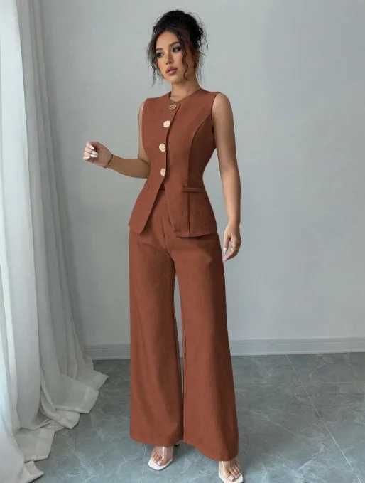 New Fashionable Commuter Womens Suit Casual Solid Color Round Neck Cardigan Vest Paired With Loose Wide-leg Pants Two-piece Set s54 M260313