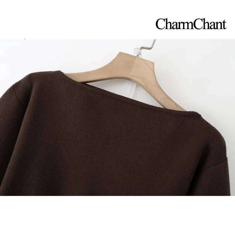 CharmChant Belted Waist Boat Neck Knit Sweater for Women Spring Autumn 2026 Cozy Knitwear Jumper Puff Sleeves Pullovers Woman Z260313
