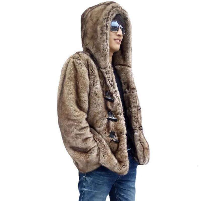 Hooded Men Mink Faux Jackets Cardigan Coat Outerwear Single Breasted Jacket Thick Warm Fur Pockets Casual Winter 2025 Z260313
