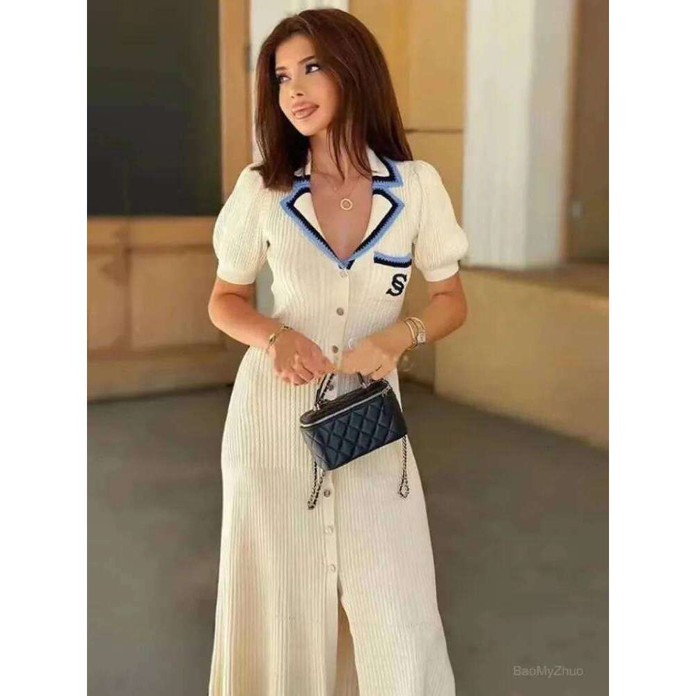 2024 Summer Elegant Slim Knitted Dress Women's Letter Single Breasted Long Sleeved Vintage Dresses White Autumn Z260314