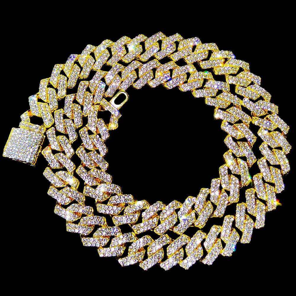 16/18/20/22/24inch Gold Color Link Chain for Women Men 2 Row Rhinestone Rhombus Prong Cuban Necklaces Hip Hop Jewelry H260312
