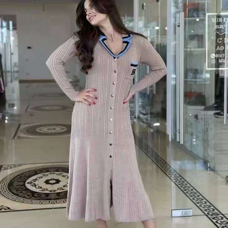 2024 Autumn Elegant Slim Knitted Dress Women's Letter Single Breasted Long Sleeved Vintage Dresses Winter Sweater Z260313