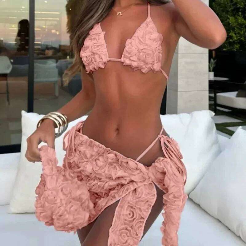 Set Women 2 Piece Swimsuit Chic Floral Sexy Triangle Halter Micro Bikini Bandage Cover Up 2025 New Beachwear Bathing Suit Y260303